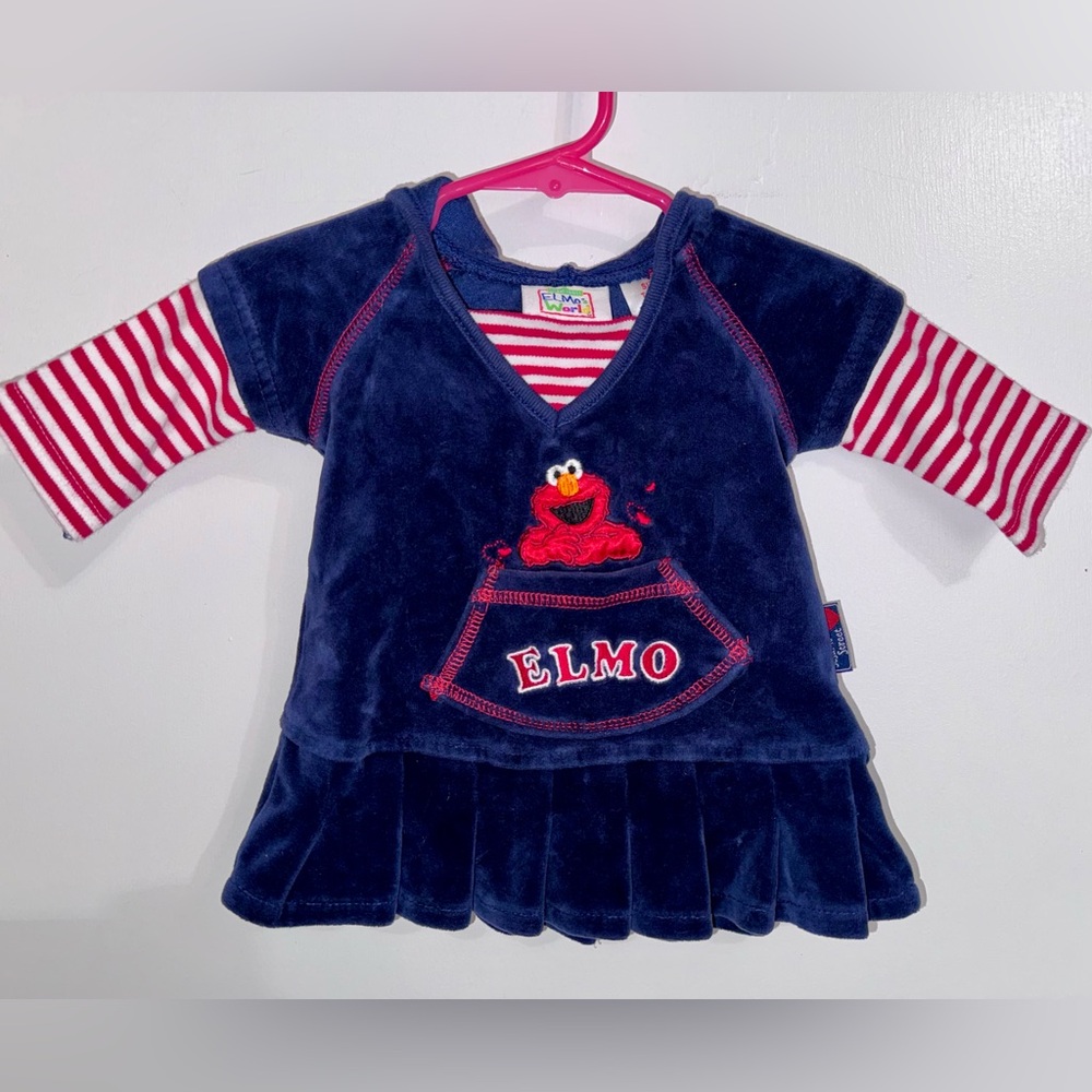 Elmo Navy Velvet Dress with Striped Sleeves 0-3 months vintage